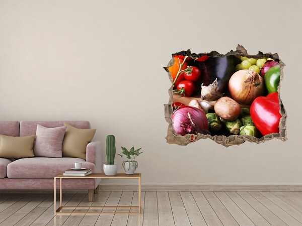 Wandsticker 3D gat met uitzicht Fruit en groenten in een gat in de muur