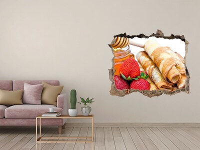 Zelfklevende muursticker 3D gat Heerlijke pannenkoeken met aardbeien