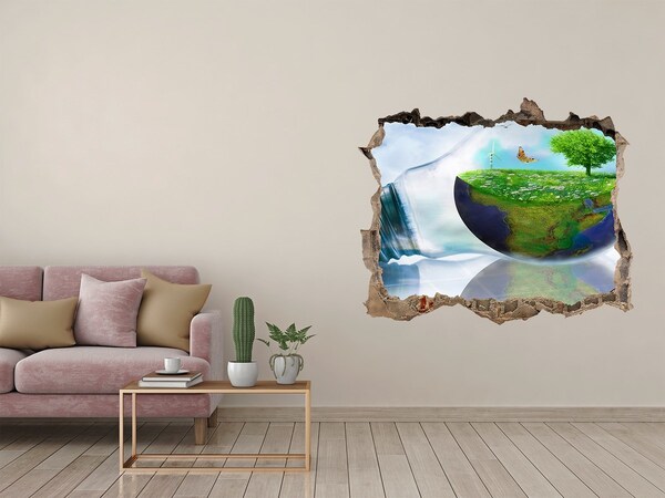 Zelfklevende muursticker 3D gat Groene Planeet door een gat in de muur