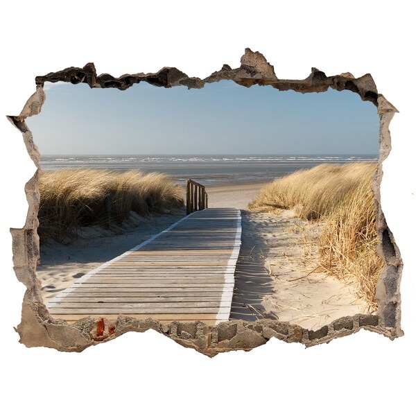 Wandsticker 3D gat met uitzicht Wegwijzer naar het strand