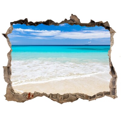 Zelfklevende 3D wandsticker illusie Caribisch strand door een gat in de muur