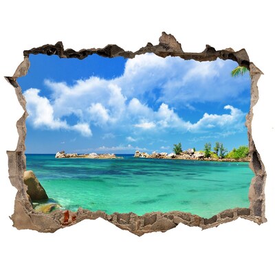 Zelfklevende 3D wandsticker illusie Een paradijselijk strand met turquoise water.