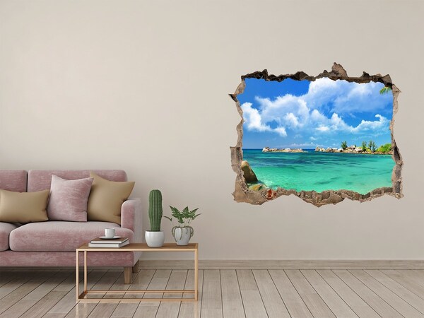 Zelfklevende 3D wandsticker illusie Een paradijselijk strand met turquoise water.