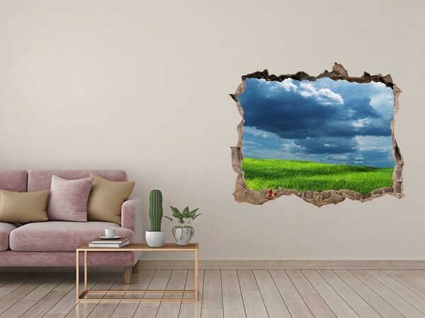 Wandsticker 3D doorkijk Groene weide onder de wolken