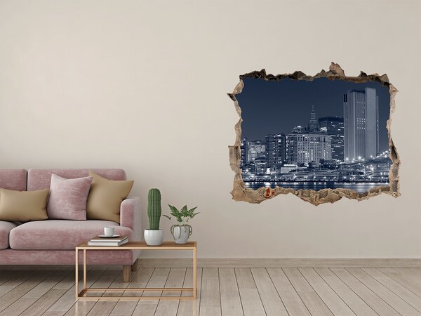 Zelfklevende muursticker 3D gat De skyline van New York door een gat in de muur.