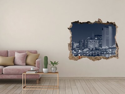 Zelfklevende muursticker 3D gat De skyline van New York door een gat in de muur.