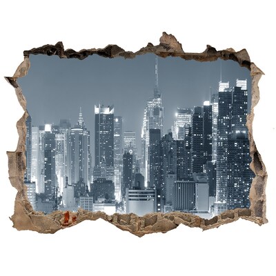 Wandsticker 3D gat met uitzicht De skyline van New York 's nachts
