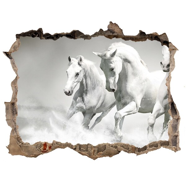 Zelfklevende 3D wandsticker illusie Witte paarden galopperen