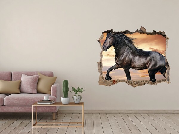 Zelfklevende muursticker 3D gat Wild paard tegen de achtergrond van de zonsondergang