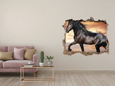 Zelfklevende muursticker 3D gat Wild paard tegen de achtergrond van de zonsondergang