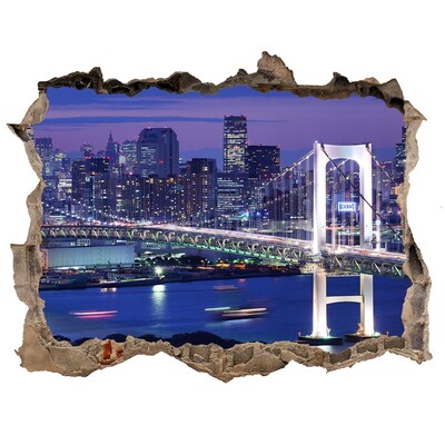 Wandsticker 3D gat met uitzicht De brug in het nachtlicht