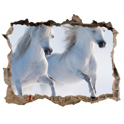 Wandsticker 3D doorkijk Witte paarden op de vlucht