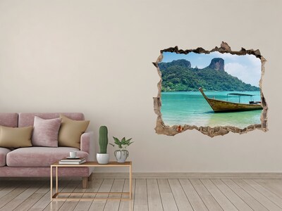 Zelfklevende 3D wandsticker illusie Paradijselijk strand met een boot