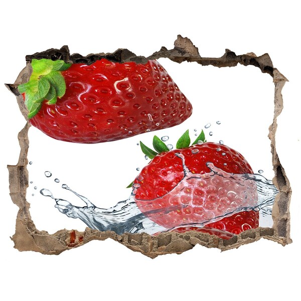Wandsticker 3D gat met uitzicht Sappige aardbeien in water