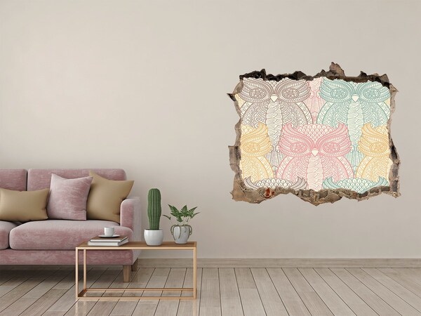 Wandsticker 3D gat met uitzicht Gevleugelde uilen tegen een stenen achtergrond