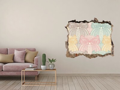 Wandsticker 3D gat met uitzicht Gevleugelde uilen tegen een stenen achtergrond