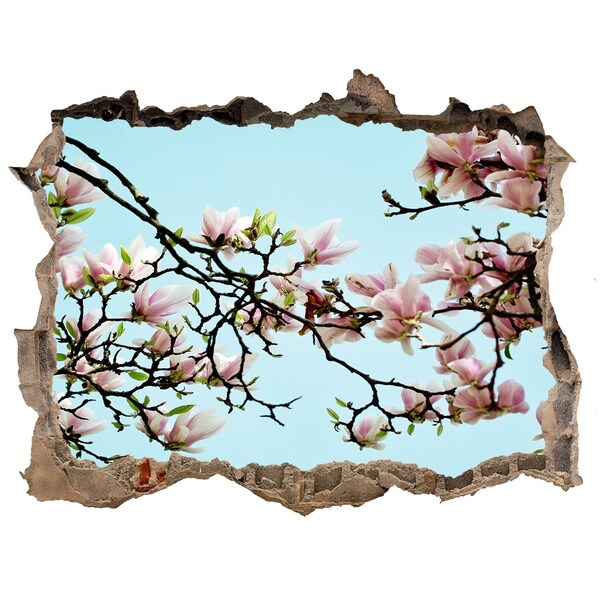 Wandsticker 3D doorkijk Lentemagnolia's in een blauwe lucht