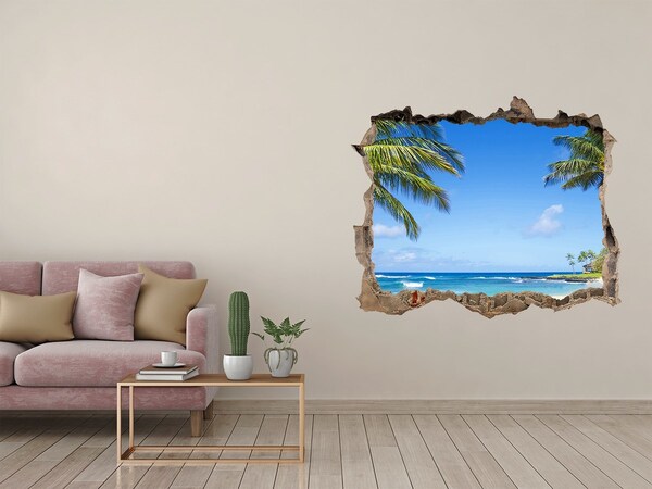 Wandsticker 3D doorkijk Caribisch strand door een gat in de muur