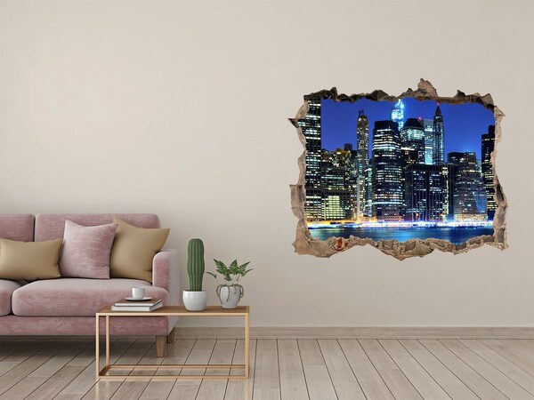 Zelfklevende muursticker 3D gat De skyline van New York 's nachts