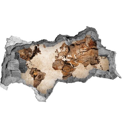 Zelfklevende 3D wandsticker illusie Een beschadigde muur met een wereldkaart.