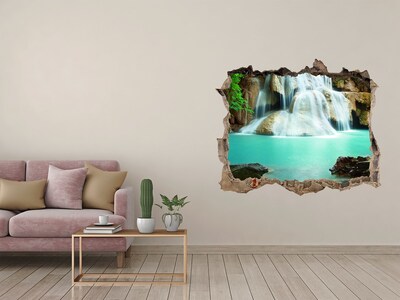 Wandsticker 3D gat met uitzicht Een waterval in een tropisch paradijs