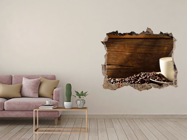 Wandsticker 3D gat met uitzicht Koffie en bonen op een houten achtergrond