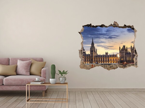 Wandsticker 3D gat met uitzicht Zonsondergang boven Londen
