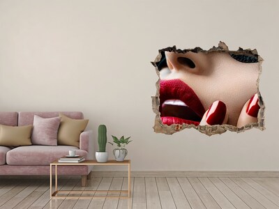 Zelfklevende 3D wandsticker illusie Sensuele vrouw met rode lippen