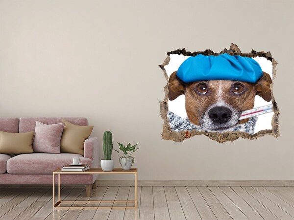 Wandsticker 3D gat met uitzicht Zieke hond met een hoed