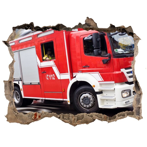 Zelfklevende 3D wandsticker illusie Brandweerwagen in actie