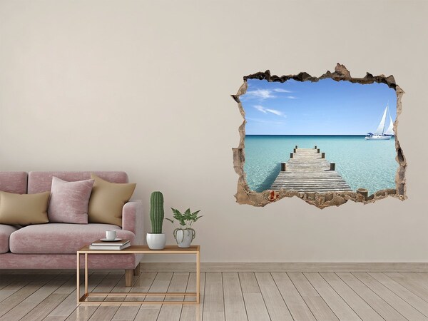 Zelfklevende muursticker 3D gat Pier boven de turquoise zee