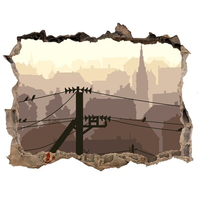 Zelfklevende muursticker 3D gat Uitzicht op de stad door een gat in de muur.