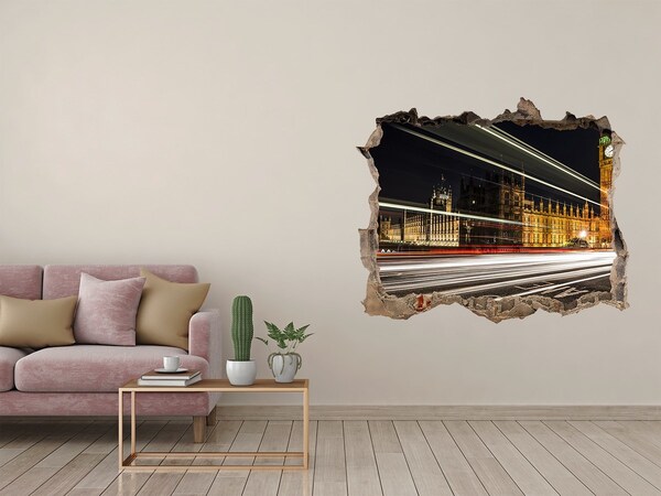 Wandsticker 3D gat met uitzicht Londense bezienswaardigheden 's nachts