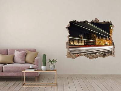 Wandsticker 3D gat met uitzicht Londense bezienswaardigheden 's nachts