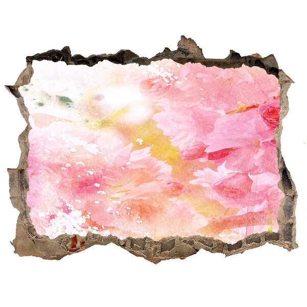 Zelfklevende 3D wandsticker illusie Een bloemenlandschap achter een gat in de muur.