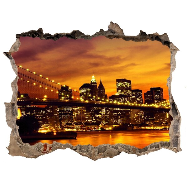 Wandsticker 3D gat met uitzicht De skyline van New York bij zonsondergang