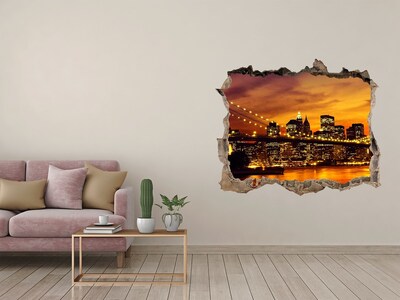 Wandsticker 3D gat met uitzicht De skyline van New York bij zonsondergang