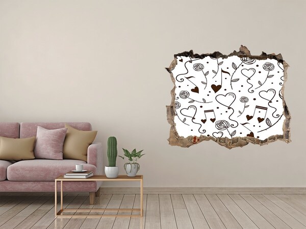 Zelfklevende 3D wandsticker illusie Muzikale harten en rozen