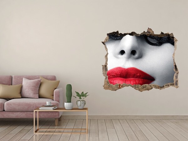 Wandsticker 3D gat met uitzicht Rode lippen