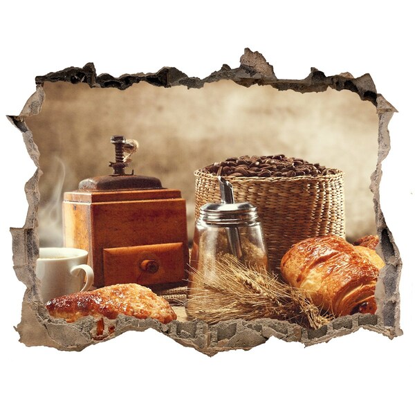 Zelfklevende 3D wandsticker illusie Koffie en vers brood in de ochtend