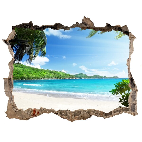 Wandsticker 3D gat met uitzicht Caribisch strand door een gat in de muur