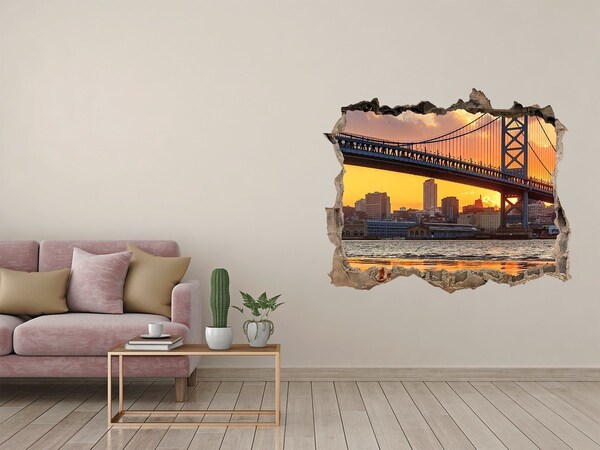 Wandsticker 3D doorkijk Zonsondergang boven de brug