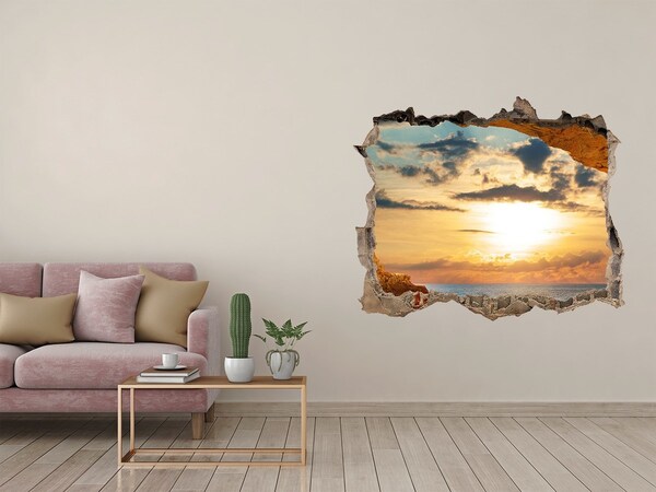 Wandsticker 3D gat met uitzicht Zonsondergang boven de zee