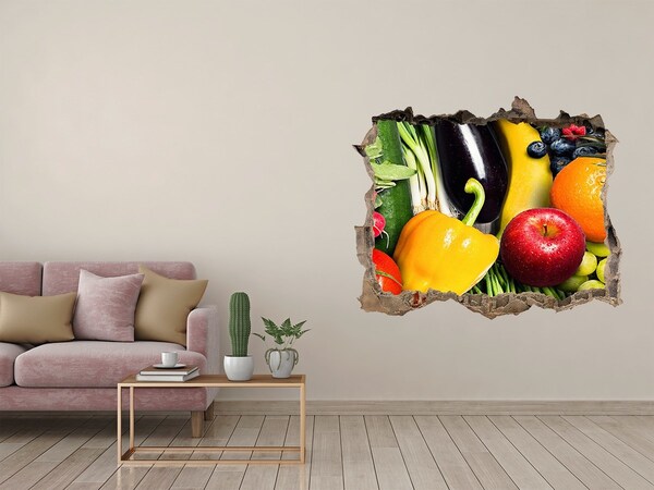 Wandsticker 3D gat met uitzicht Fruit en groenten in een gat in de muur