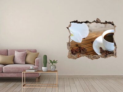 Wandsticker 3D doorkijk Koffie met orchideebloem