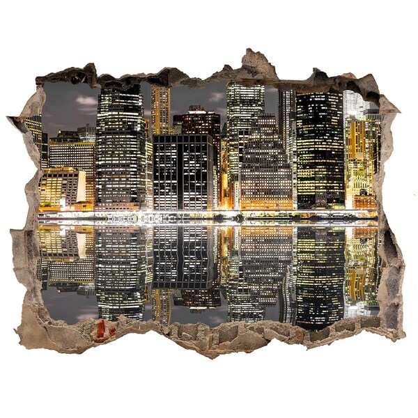 Zelfklevende 3D wandsticker illusie Uitzicht op de stad 's nachts