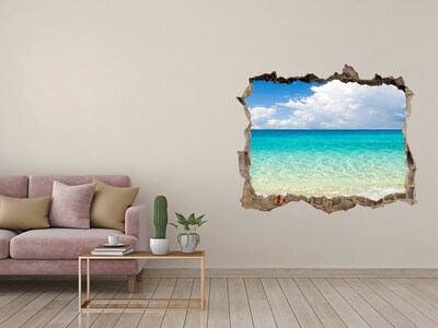 Wandsticker 3D gat met uitzicht Caribisch strand door een gat in de muur