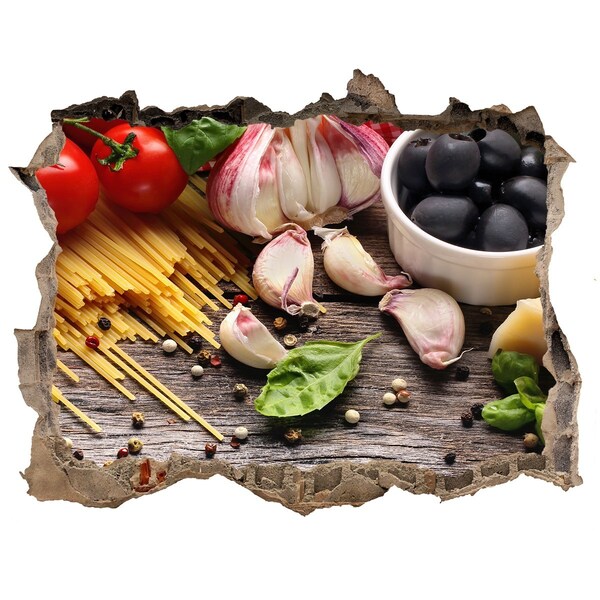 Zelfklevende muursticker 3D gat Italiaanse gerechten met pasta en knoflook