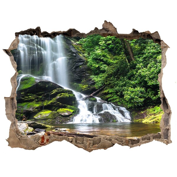 Wandsticker 3D gat met uitzicht Waterval in het bos