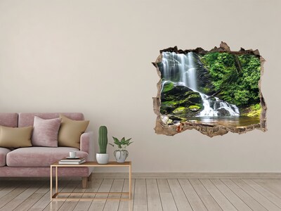 Wandsticker 3D gat met uitzicht Waterval in het bos